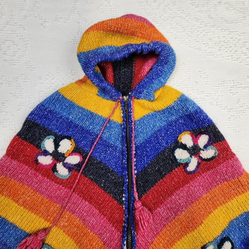 West Of The Moon Kids 100% Wool Colorful Full Zip Hooded Poncho Shawl - Picture 3 of 8